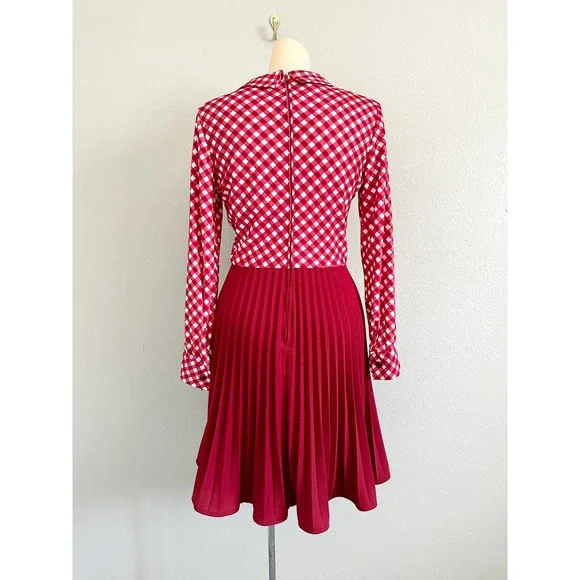 Vintage 60s 70s Red Check Skater Accordion Pleated Dagger Collar Mod Red Dress - Picture 7 of 15